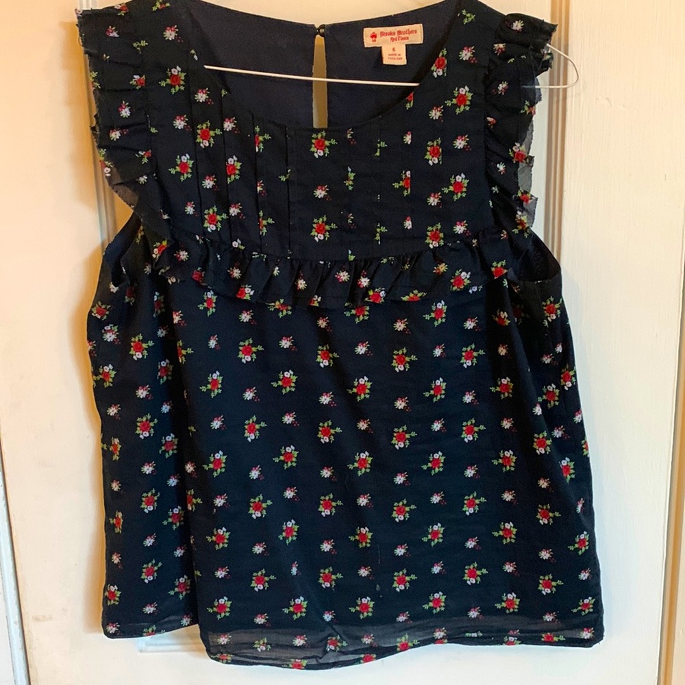 Brooks Brothers Ruffle Sleeve Navy Floral Tee Blouse, 100% Cotton, Size 6